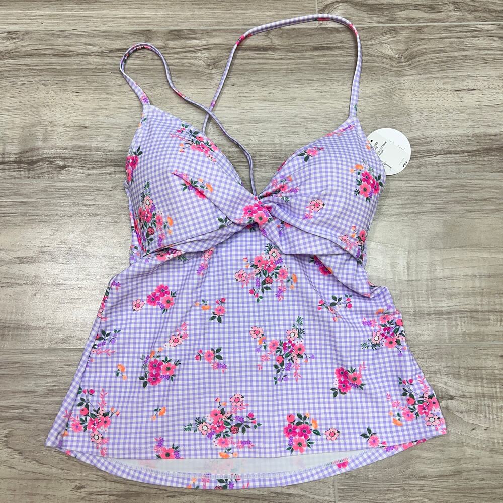 Decree Juniors Swim Top Size S Purple Floral Adjustable Back Tankini Top